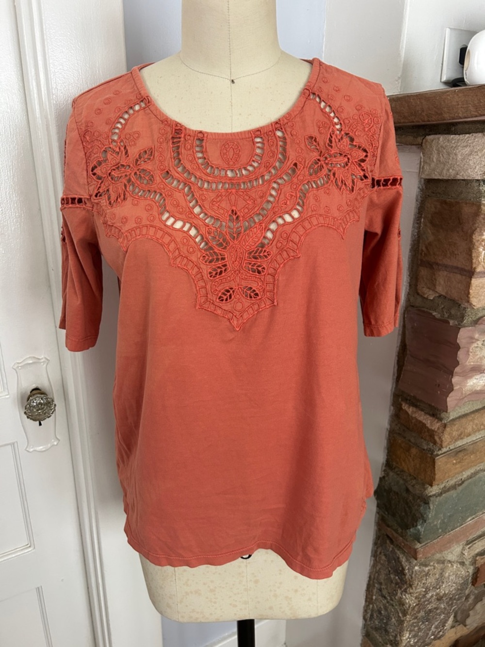 Sundance Coral Cutwork Crochet Yoke Short Sleeve Top